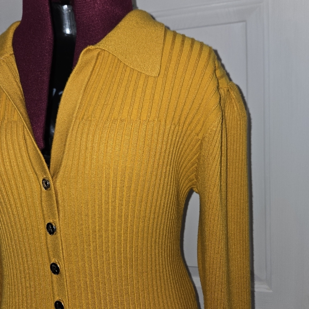 Karl Lagerfeld Yellow Button-Up Ribbed Collar Women's Sweater - Picture 3 of 10